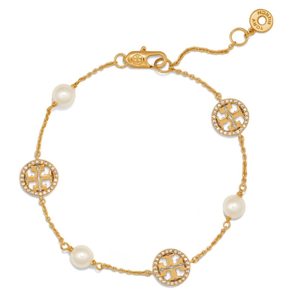 TORY BURCH • Crystal Miller Logo Delicate Pearl Bracelet